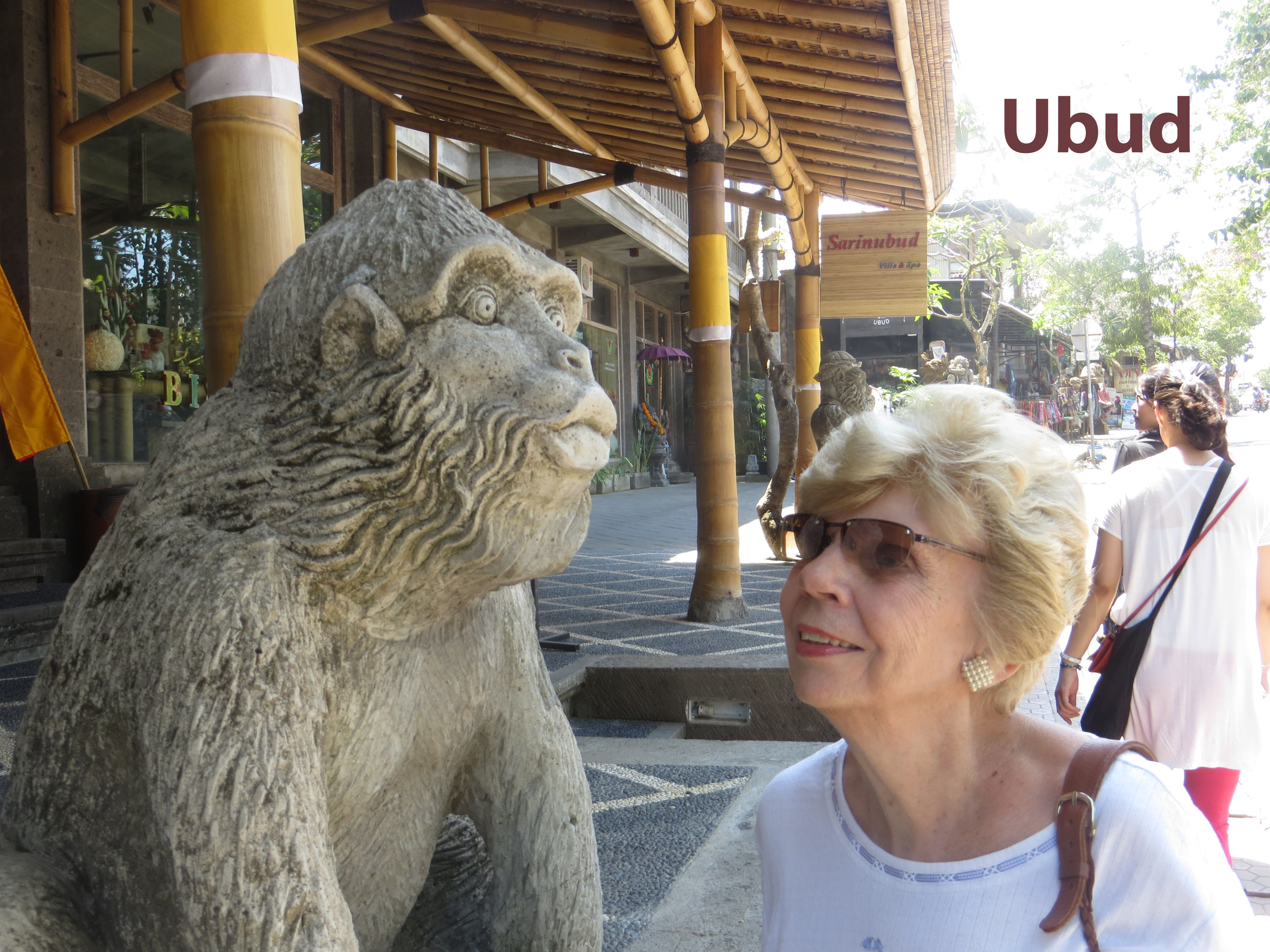 Bobbie admiring monkey statue